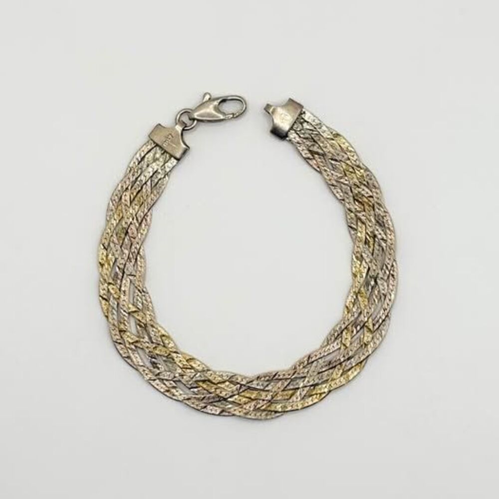 Herringbone woven bracelet, Italian made tri color 925 sterling silver, 7”